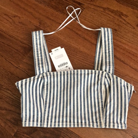 Zara Striped Denim Crop Top In Blue / White - Picture 4 of 7